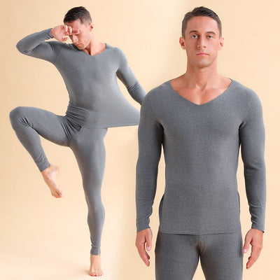 Men's V-neck Fleece Thermal Underwear Set