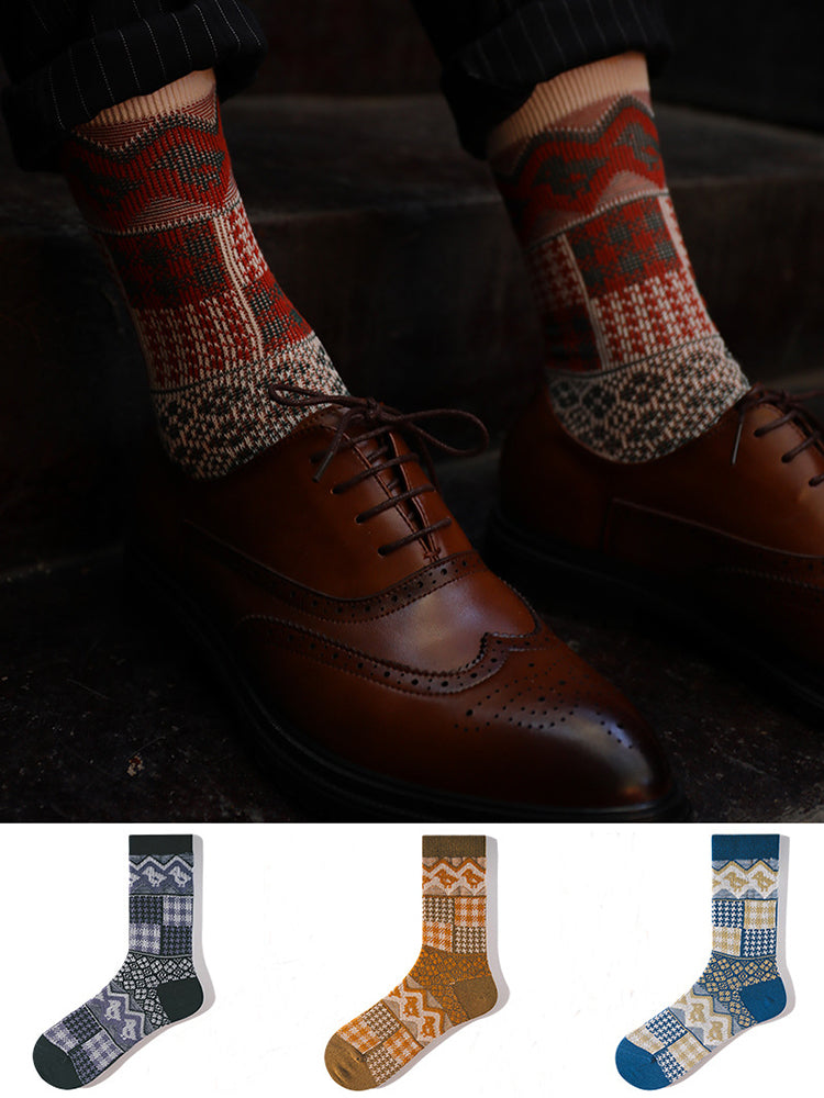 3 Pack Retro Ethnic Jacquard Calf Socks