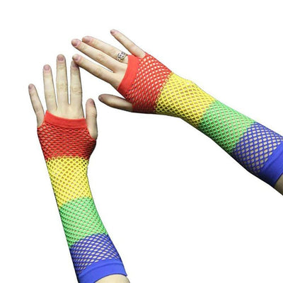 Rainbow Fishnet Fingerless Gloves